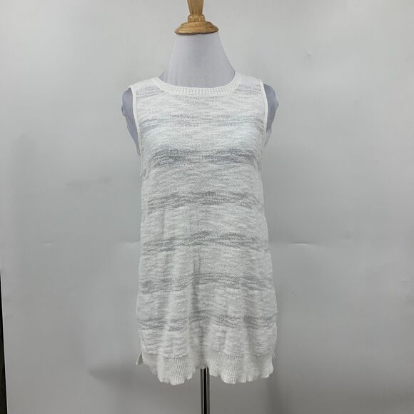 Lou & Grey Knit Tank Top Womens S Small White Striped Crew Neck Ribbed Trim - Picture 2 of 13